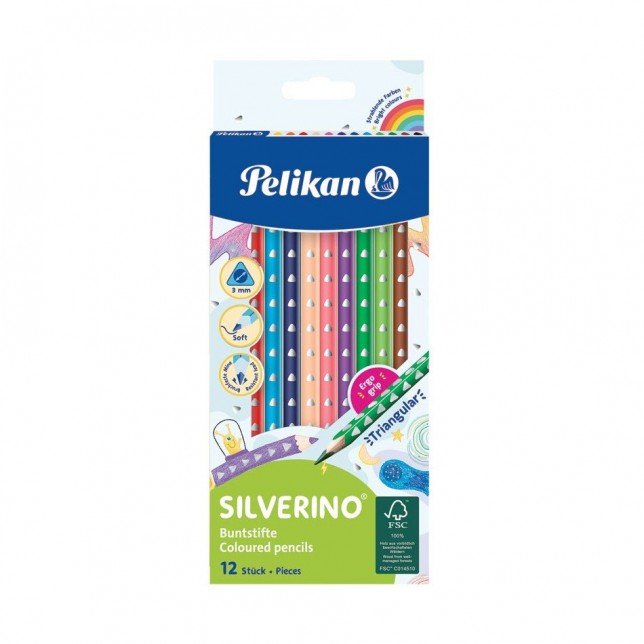 Trikampiai Silverino pieštukai 12 spalvų