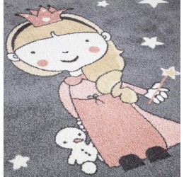 Vaikiškas pilkos spalvos kilimas su žvaigždutėmis ir princesės motyvu