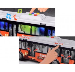 Oranžinis, didelis autobusas su šviesomis ir garsais