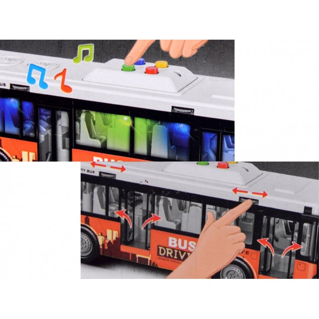 Oranžinis, didelis autobusas su šviesomis ir garsais