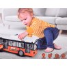 Oranžinis, didelis autobusas su šviesomis ir garsais