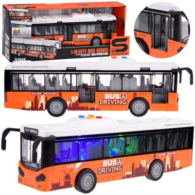 Oranžinis, didelis autobusas su šviesomis ir garsais