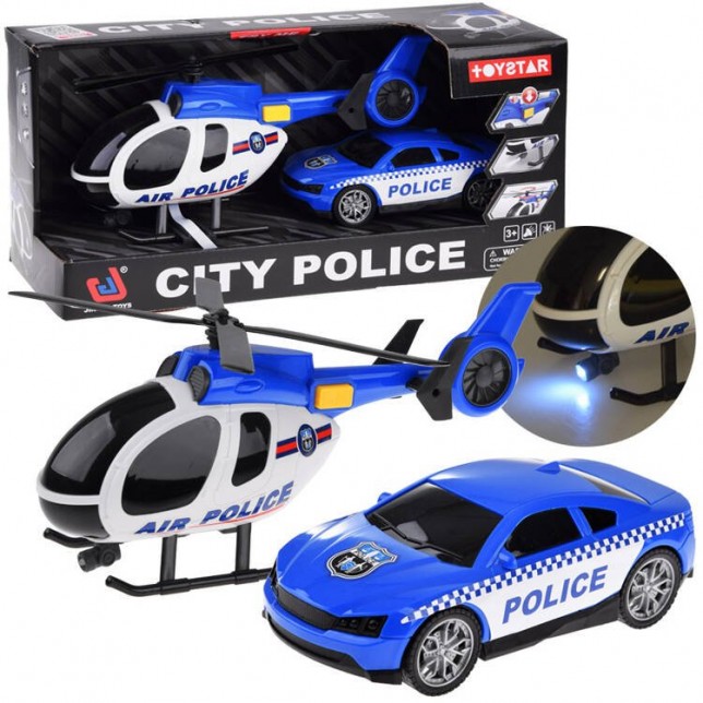 Policijos sraigtasparnis ir automobilis
