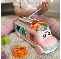 Rožinis muzikinis autobusas su priedais