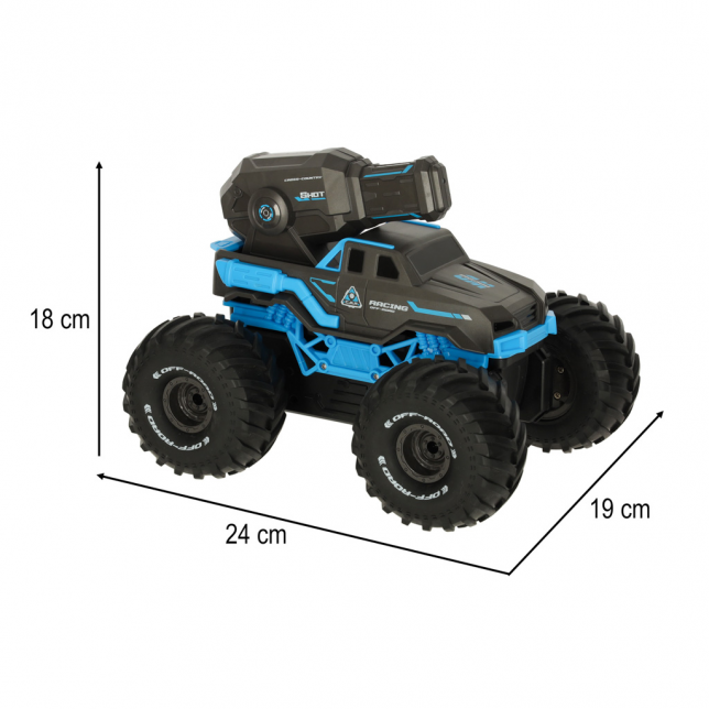 RC automobilis važiuojantis vandeniu ir šaudantis vandeniu, mėlynas