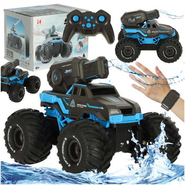 RC automobilis važiuojantis vandeniu ir šaudantis vandeniu, mėlynas