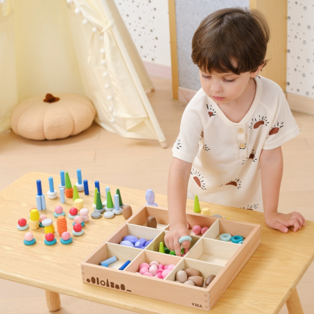VIGA medinės edukacinės kaladėlės – Montessori dėlionė, 58 vnt.