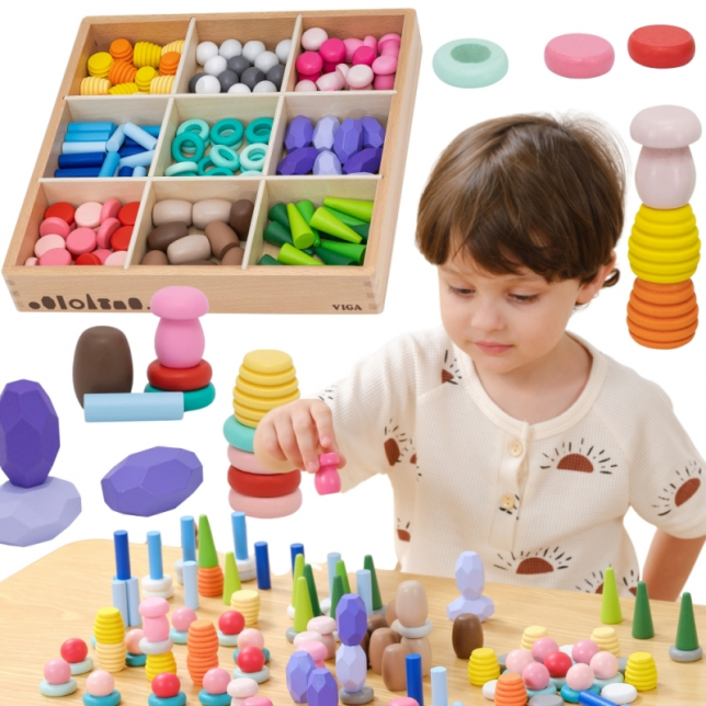 VIGA medinės edukacinės kaladėlės – Montessori dėlionė, 58 vnt.