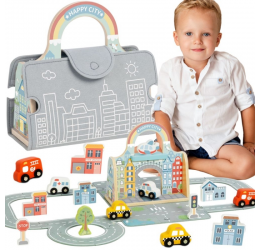 TOOKY TOY „Mini Miestas“ – Nešiojamas Automobilių Žaidimų Rinkinys Krepšyje