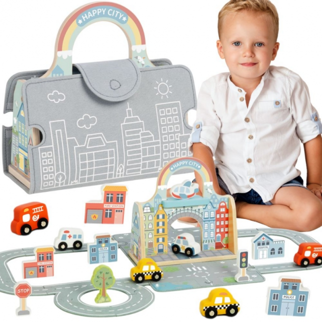 TOOKY TOY „Mini Miestas“ – Nešiojamas Automobilių Žaidimų Rinkinys Krepšyje