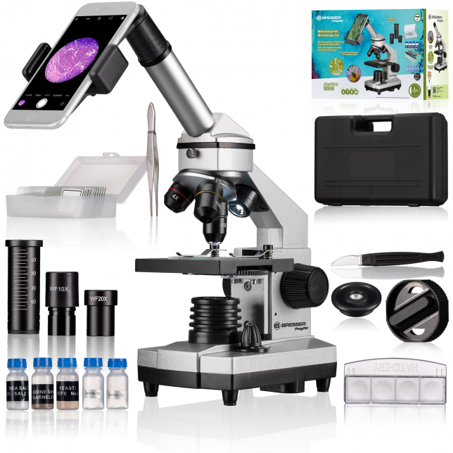 BRESSER JUNIOR Biolux CA 40x-1024x mikroskopas su išmaniojo telefono laikikliu