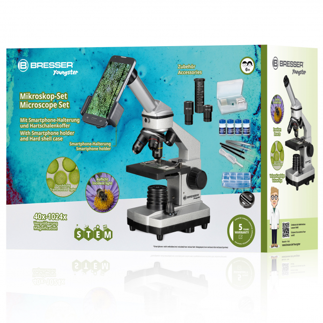 BRESSER JUNIOR Biolux CA 40x-1024x mikroskopas su išmaniojo telefono laikikliu