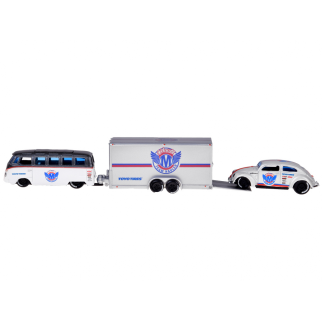 Licencijuoti metaliniai automobiliai 1:64 – Volkswagen Van “Samba” ir Volkswagen Beetle su priekaba