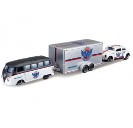 Licencijuoti metaliniai automobiliai 1:64 – Volkswagen Van “Samba” ir Volkswagen Beetle su priekaba