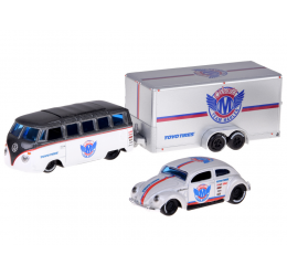 Licencijuoti metaliniai automobiliai 1:64 – Volkswagen Van “Samba” ir Volkswagen Beetle su priekaba