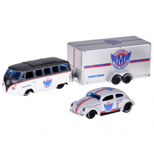 Licencijuoti metaliniai automobiliai 1:64 – Volkswagen Van “Samba” ir Volkswagen Beetle su priekaba