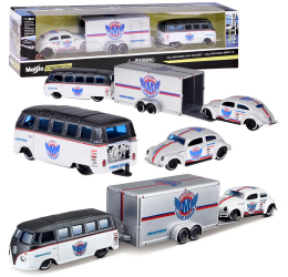 Licencijuoti metaliniai automobiliai 1:64 – Volkswagen Van “Samba” ir Volkswagen Beetle su priekaba