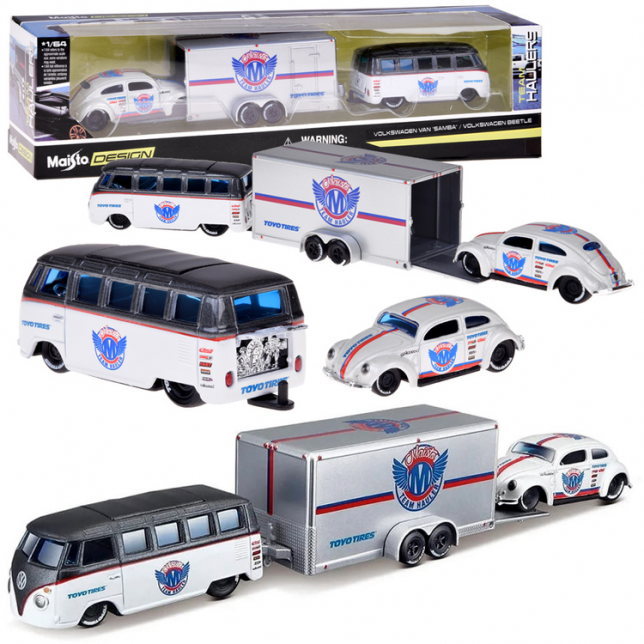 Licencijuoti metaliniai automobiliai 1:64 – Volkswagen Van “Samba” ir Volkswagen Beetle su priekaba