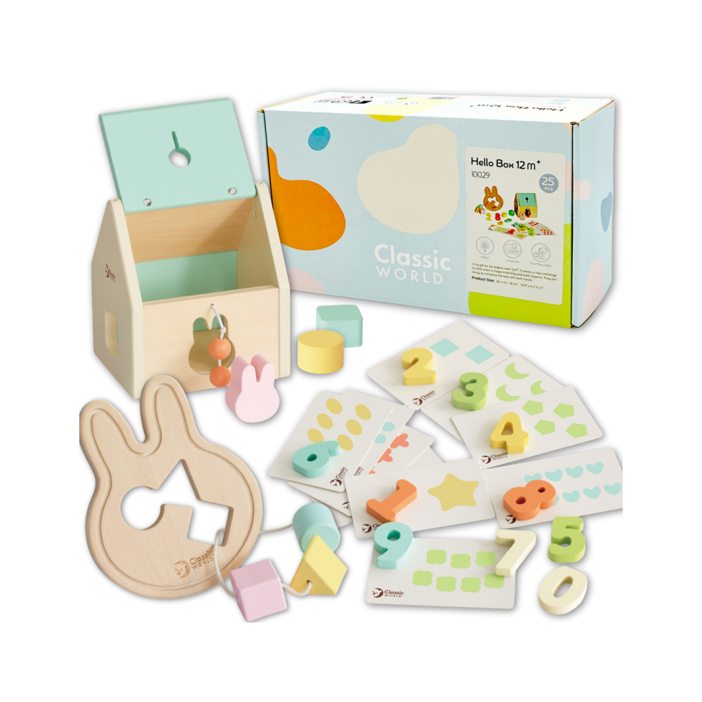 CLASSIC WORLD „Pastel Baby Box“ – pirmieji mokomieji žaislai vaikams nuo 12 iki 18 mėnesių