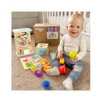 WOOPIE GREEN „Box 6in1“ 13–15 mėn. Montessori sensorinis žaislų rinkinys.