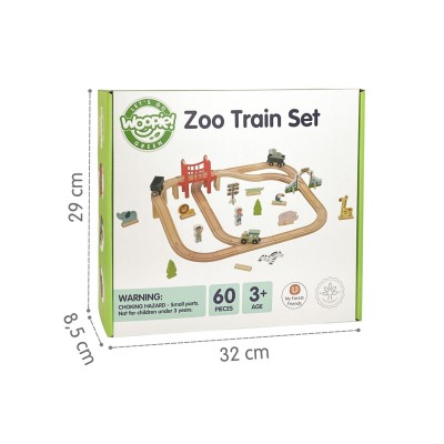 WOOPIE GREEN Medinis zoologijos sodo traukinių rinkinys su magnetinėmis bėgėlių juostomis, 60 vnt., FSC