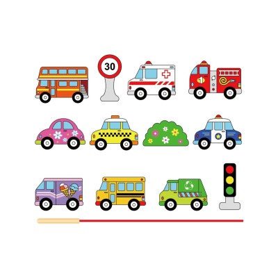 VIGA veriami mediniai blokeliai–automobiliai