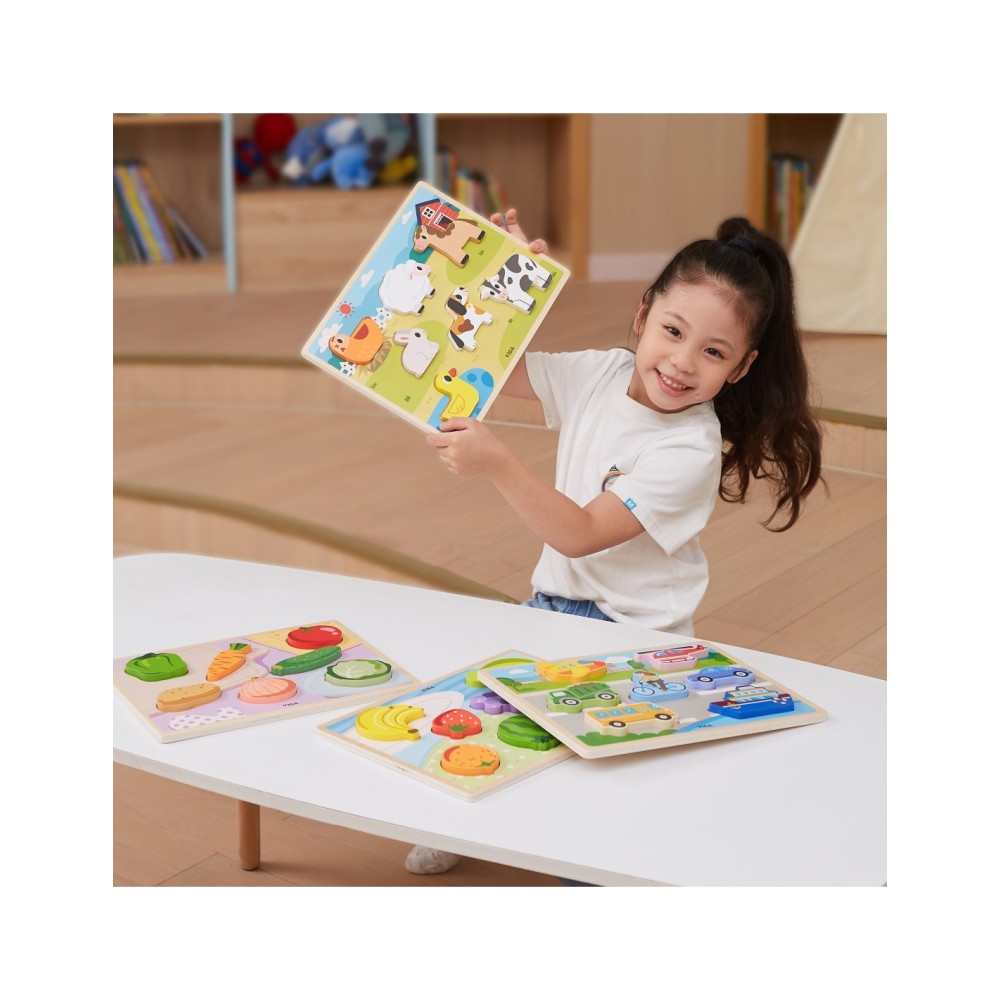 VIGA medinė „Montessori“ dėlionė „2-in-1“ – daržovių figūrėlės