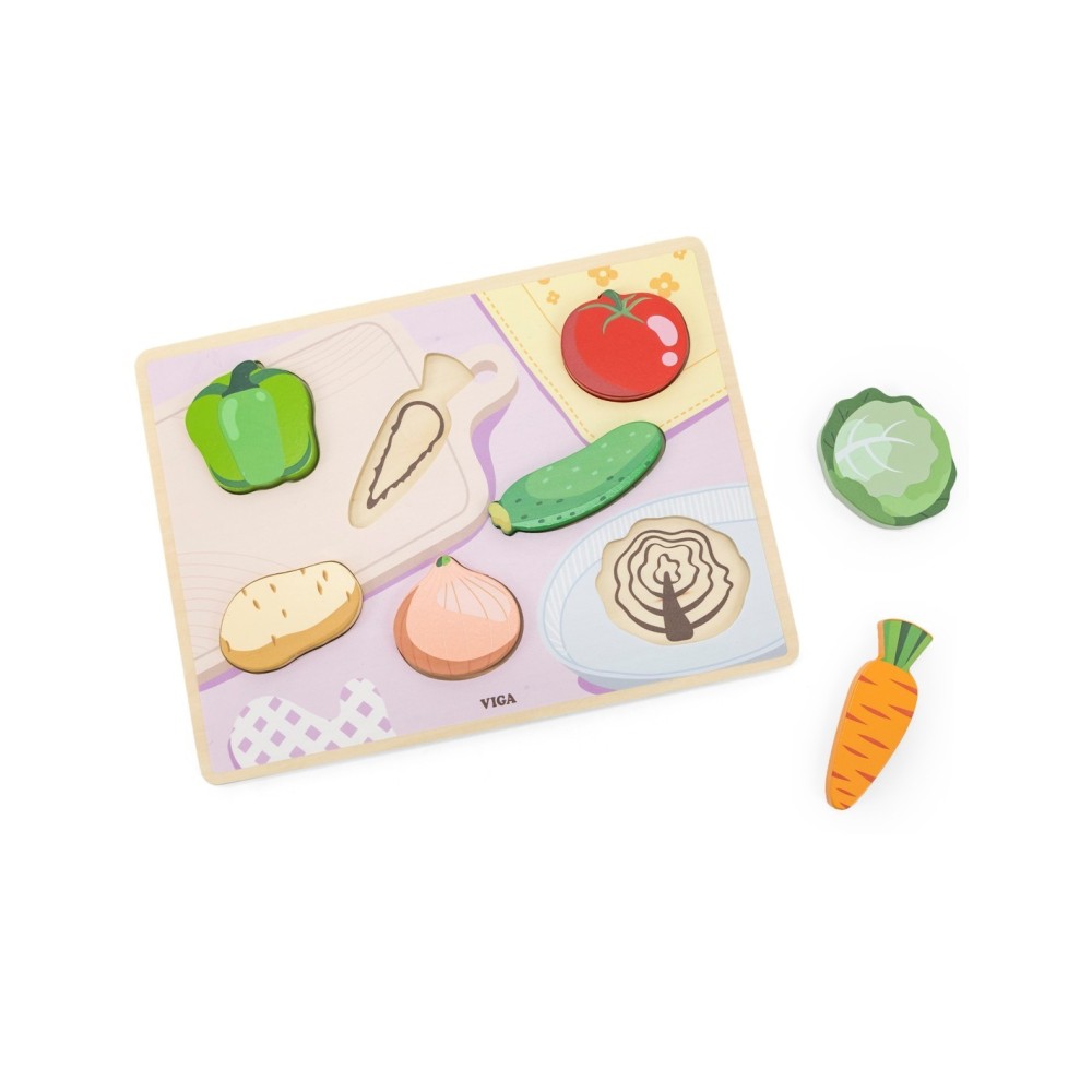 VIGA medinė „Montessori“ dėlionė „2-in-1“ – daržovių figūrėlės