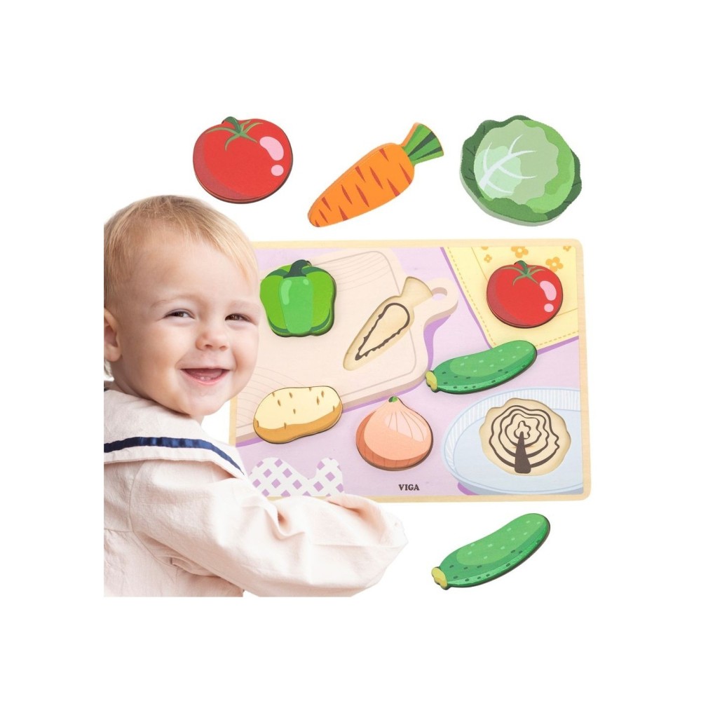 VIGA medinė „Montessori“ dėlionė „2-in-1“ – daržovių figūrėlės