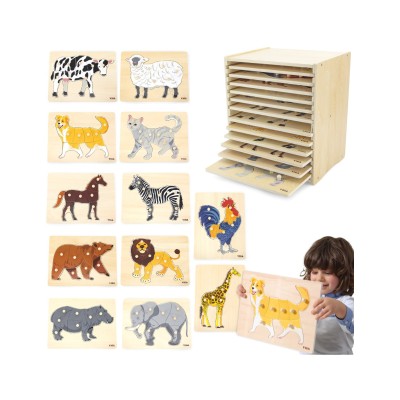 „VIGA“ medinis rinkinys: 12 „Montessori“ dėlionių su gyvūnais + stovas