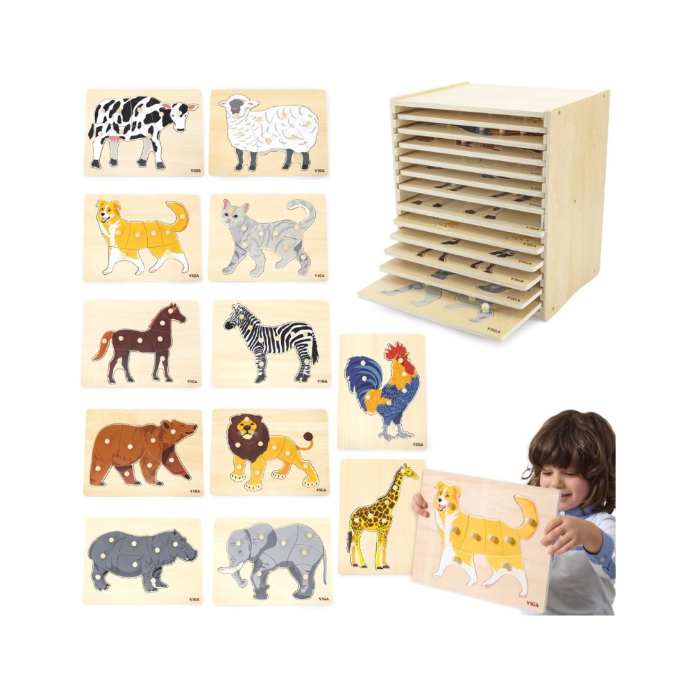 „VIGA“ medinis rinkinys: 12 „Montessori“ dėlionių su gyvūnais + stovas