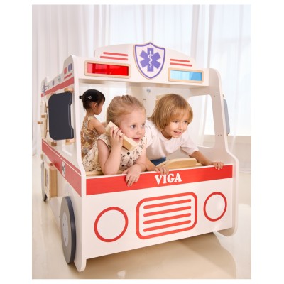 „VIGA“ didelis medinis greitosios pagalbos rinkinys: greitosios pagalbos automobilis mažiesiems gelbėtojams, su priedais-25 vnt.