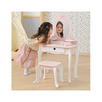 „VIGA“ didelis medinis grožio staliukas, baltos ir rožinės spalvos, su veidrodžiu ir kėdute