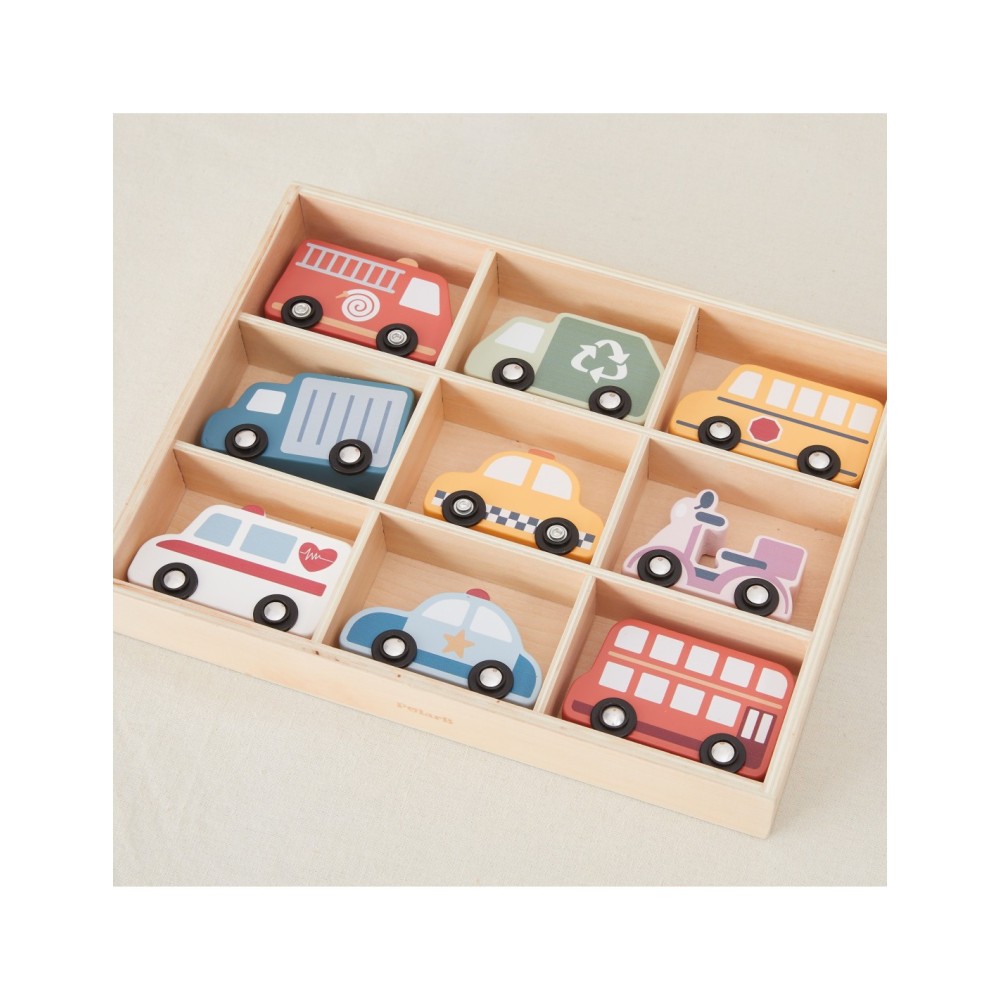 „VIGA“ medinis spalvingų miesto transporto priemonių rinkinys, 9 vnt.