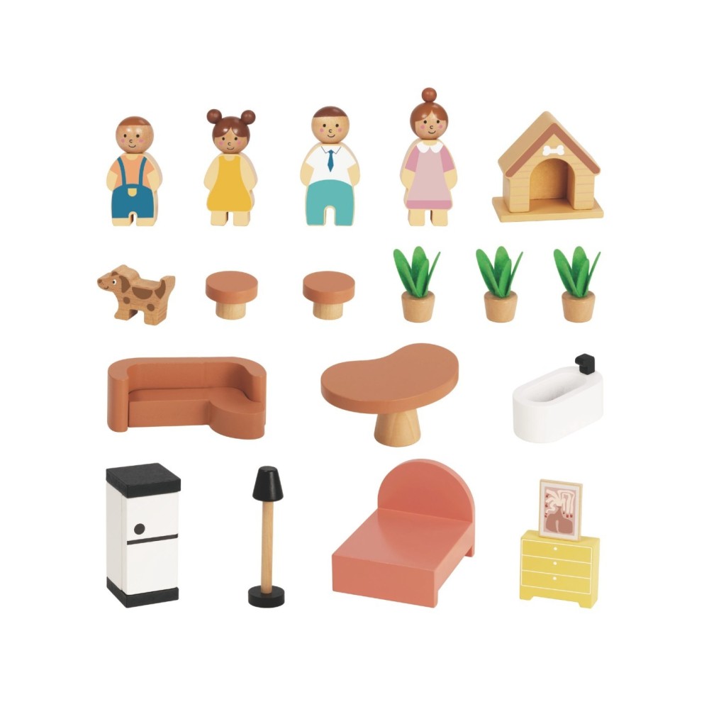 Medinis lėlių namelis su aksesuarais ir šeima (20 dalių) TOOKY TOY