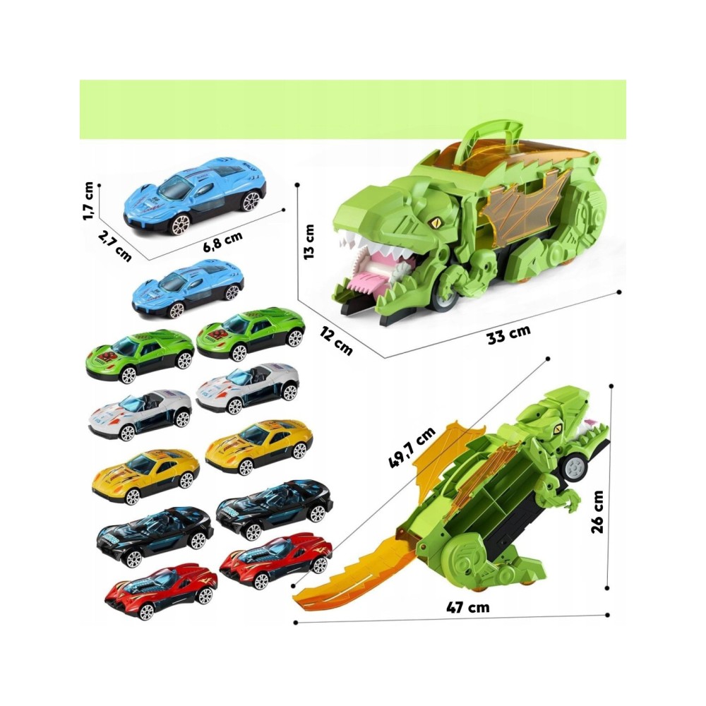 Dinozauras – automobilių transporterio lagaminas su lenktynių trasa