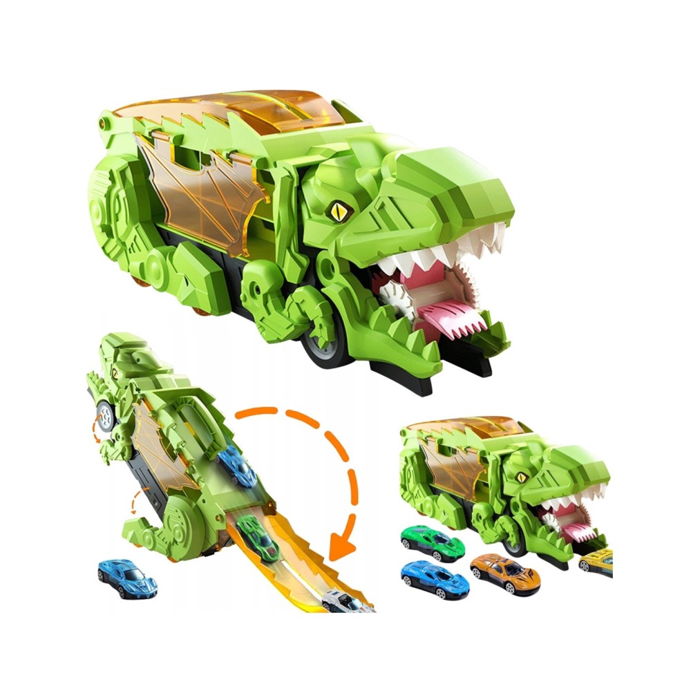 Dinozauras – automobilių transporterio lagaminas su lenktynių trasa