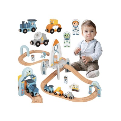 Tooky Toy kosminis medinis traukinukų rinkinys