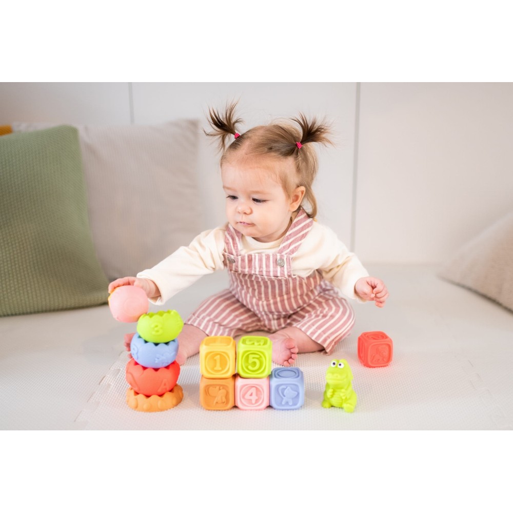 Montessori sensorinis rinkinys: kaladėlės, piramidė ir gyvūnėlis (13 vnt.)