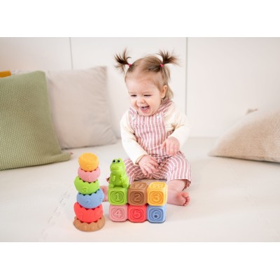 Montessori sensorinis rinkinys: kaladėlės, piramidė ir gyvūnėlis (13 vnt.)