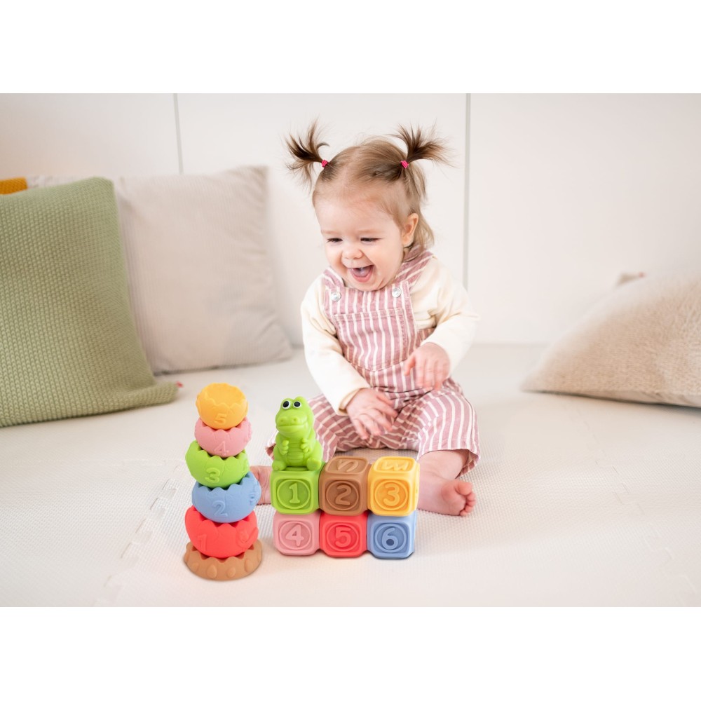 Montessori sensorinis rinkinys: kaladėlės, piramidė ir gyvūnėlis (13 vnt.)