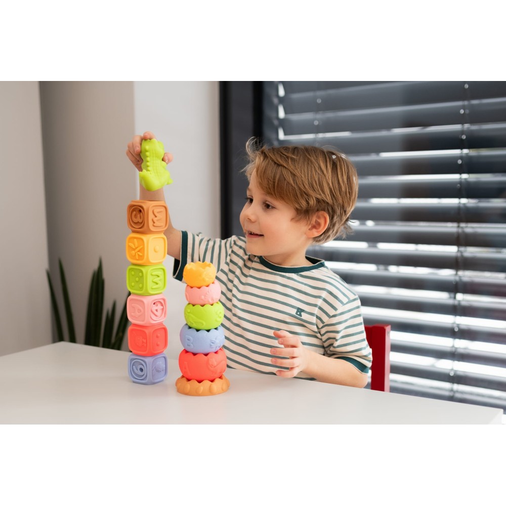 Montessori sensorinis rinkinys: kaladėlės, piramidė ir gyvūnėlis (13 vnt.)