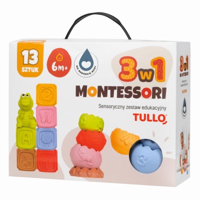 Montessori sensorinis rinkinys: kaladėlės, piramidė ir gyvūnėlis (13 vnt.)