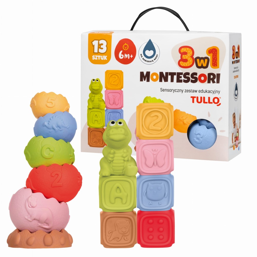 Montessori sensorinis rinkinys: kaladėlės, piramidė ir gyvūnėlis (13 vnt.)